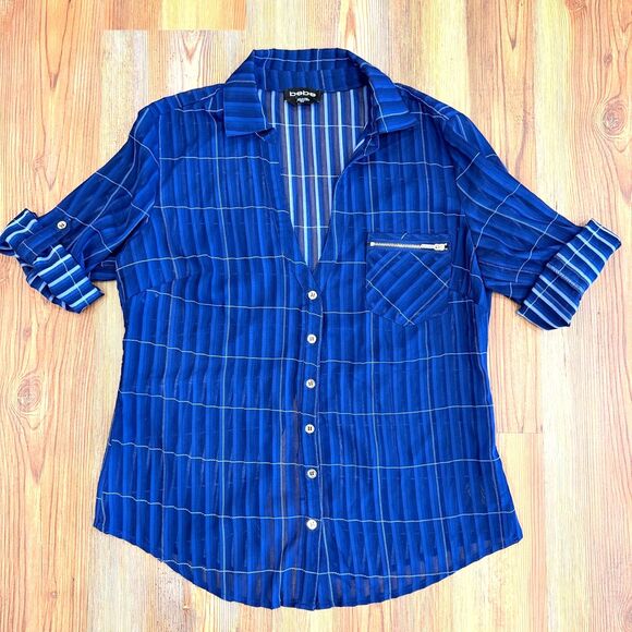 Bebe Blue Plaid Portofino Button Down Blouse Size Medium - Picture 3 of 9